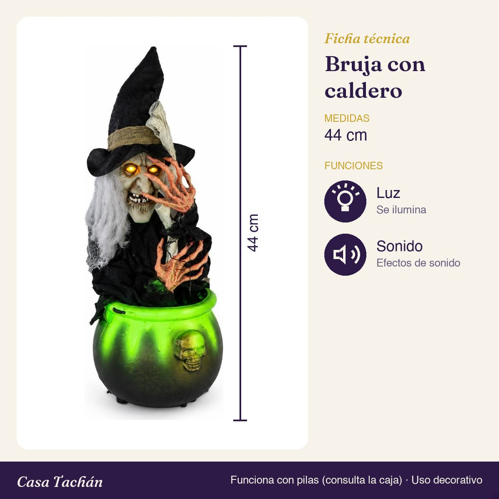 Ficha técnica: Bruja con caldero animada con luz y sonido (44 cm)
