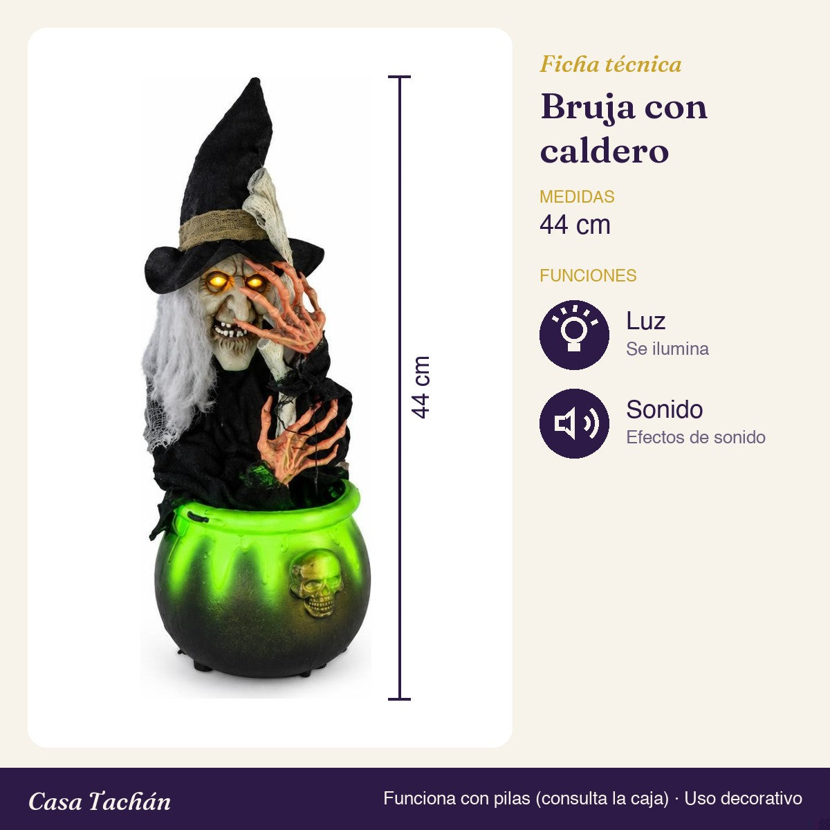 Ficha técnica: Bruja con caldero animada con luz y sonido (44 cm)