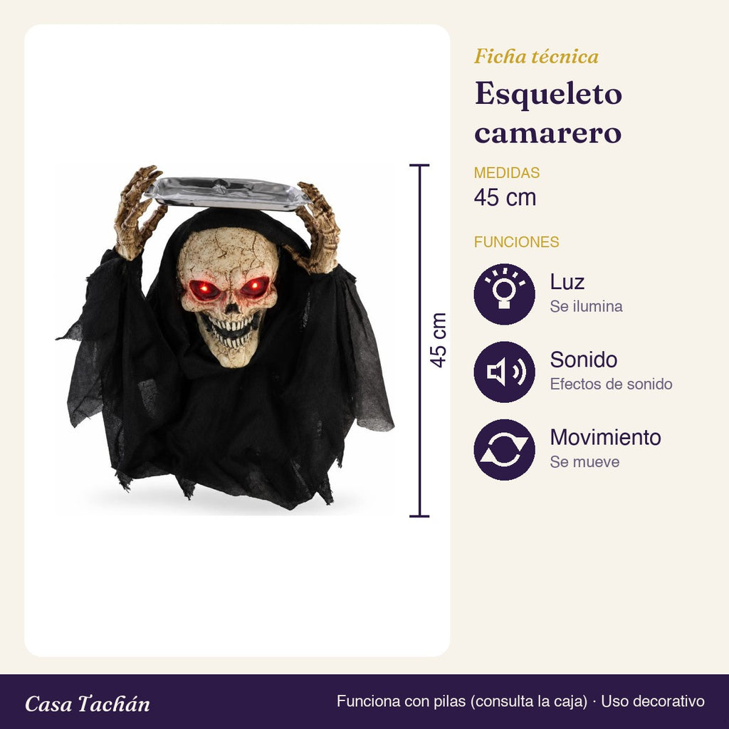 Ficha técnica: Esqueleto camarero con bandeja animado (45 cm)