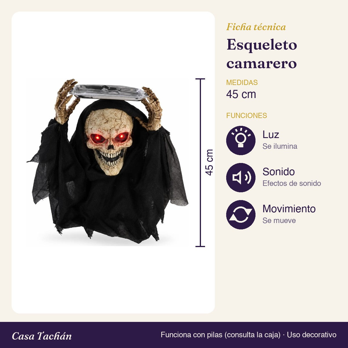 Ficha técnica: Esqueleto camarero con bandeja animado (45 cm)