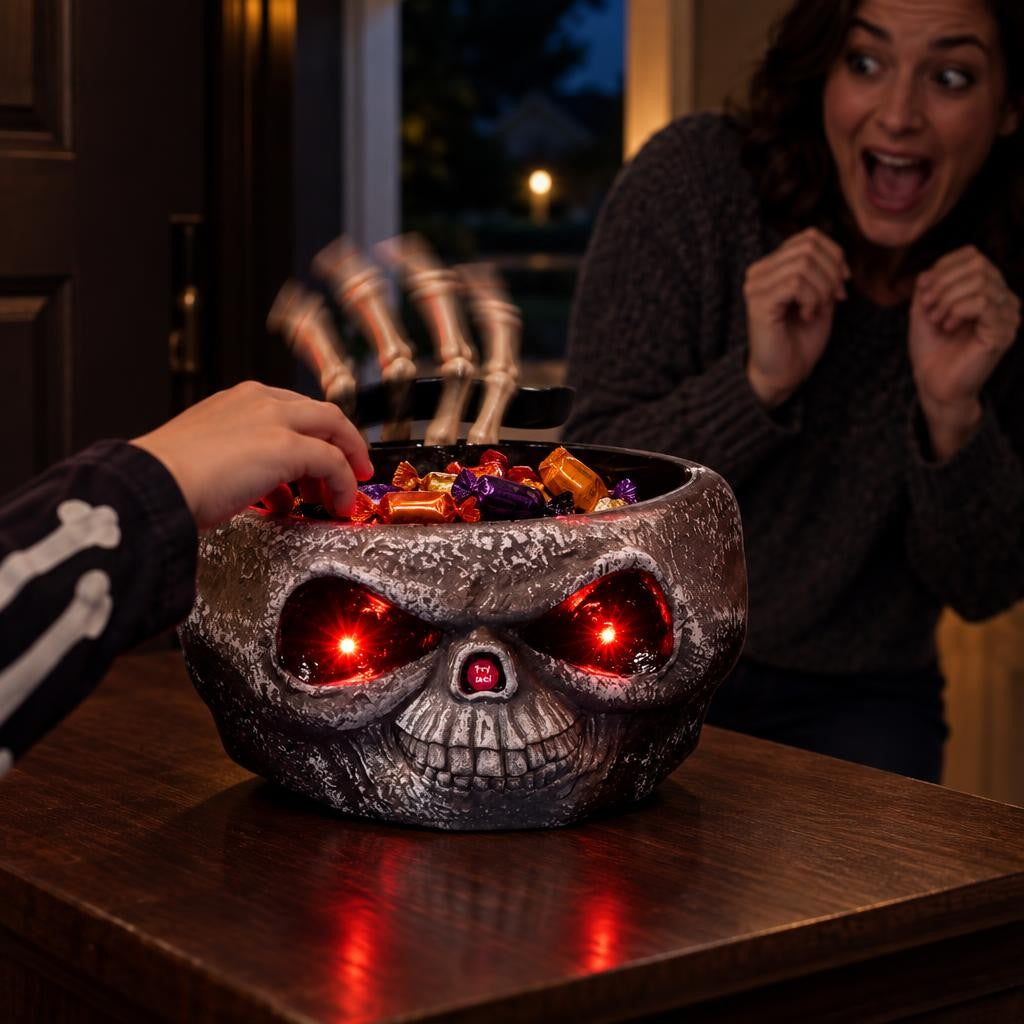Cuenco de caramelos calavera con mano de esqueleto – foto ilustrativa