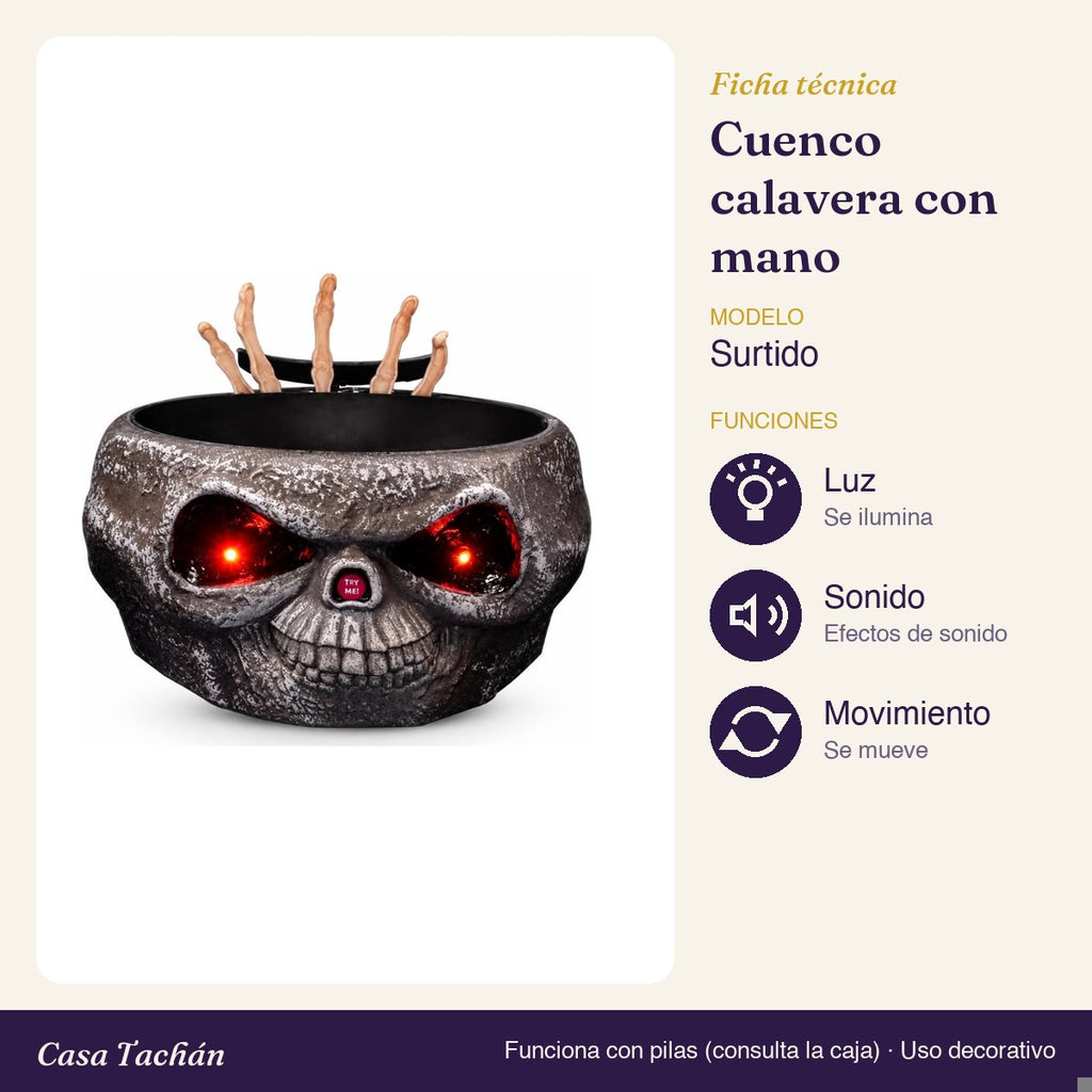 Ficha técnica: Cuenco de caramelos calavera con mano de esqueleto
