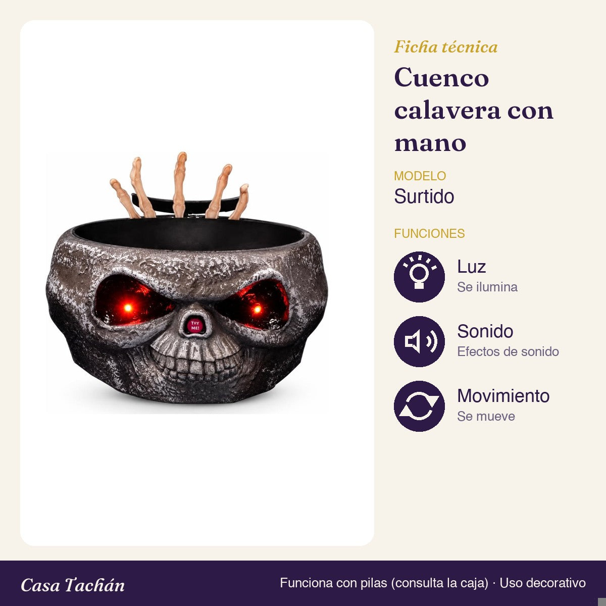 Ficha técnica: Cuenco de caramelos calavera con mano de esqueleto