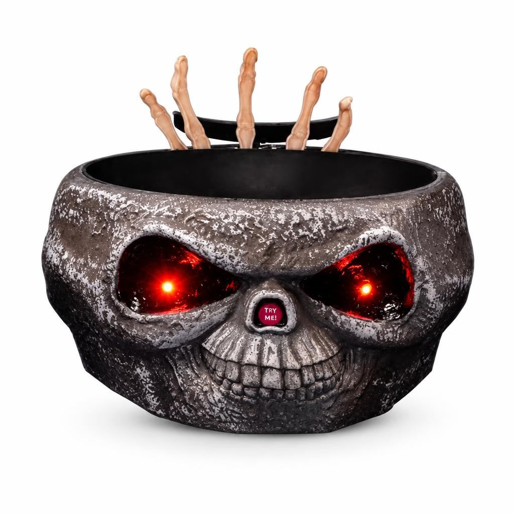 Cuenco de caramelos calavera con mano de esqueleto