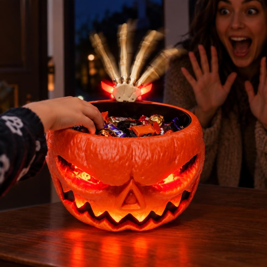 Cuenco de caramelos calabaza con mano de esqueleto – foto ilustrativa