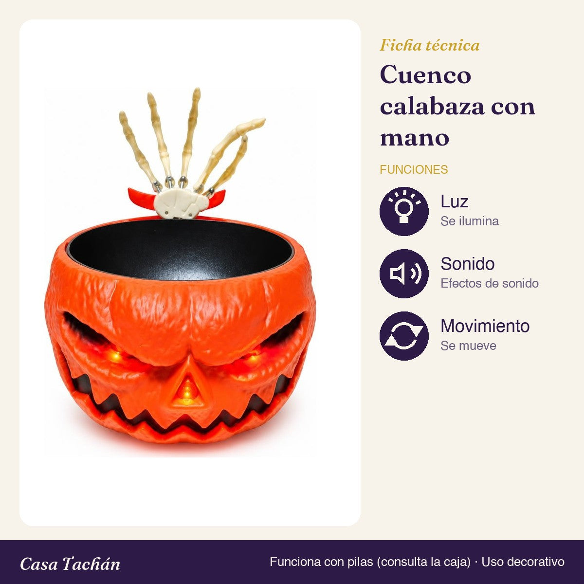Ficha técnica: Cuenco de caramelos calabaza con mano de esqueleto