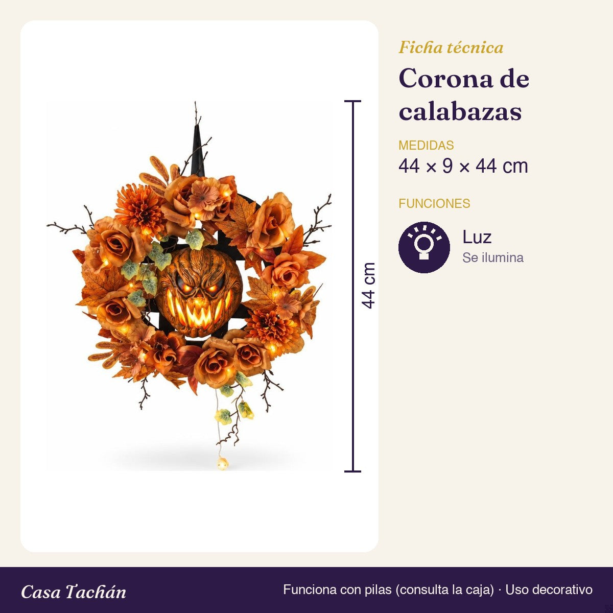 Ficha técnica: Corona de calabazas otoñal con luz (44 cm)