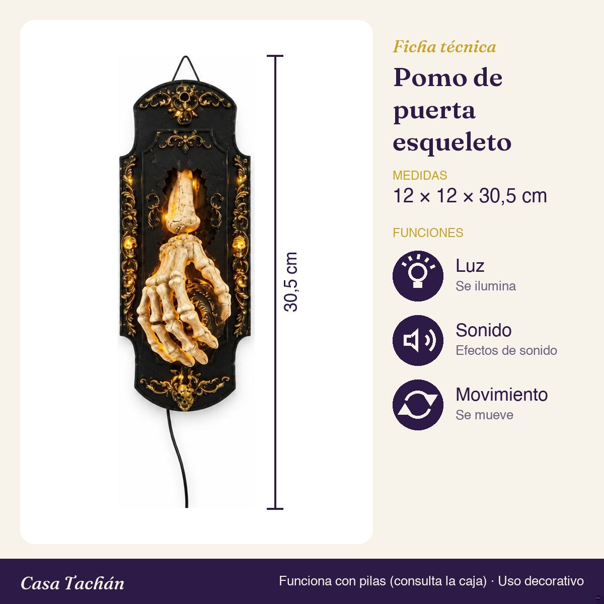 Ficha técnica: Pomo de puerta esqueleto con luz y sonido