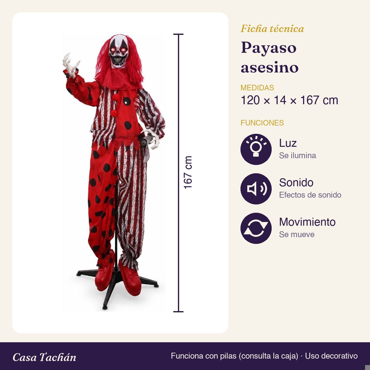 Ficha técnica: Payaso asesino animado con luz y sonido (167 cm)