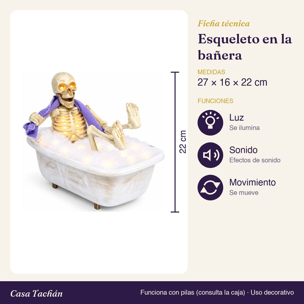 Ficha técnica: Esqueleto en la bañera animado con luz y sonido