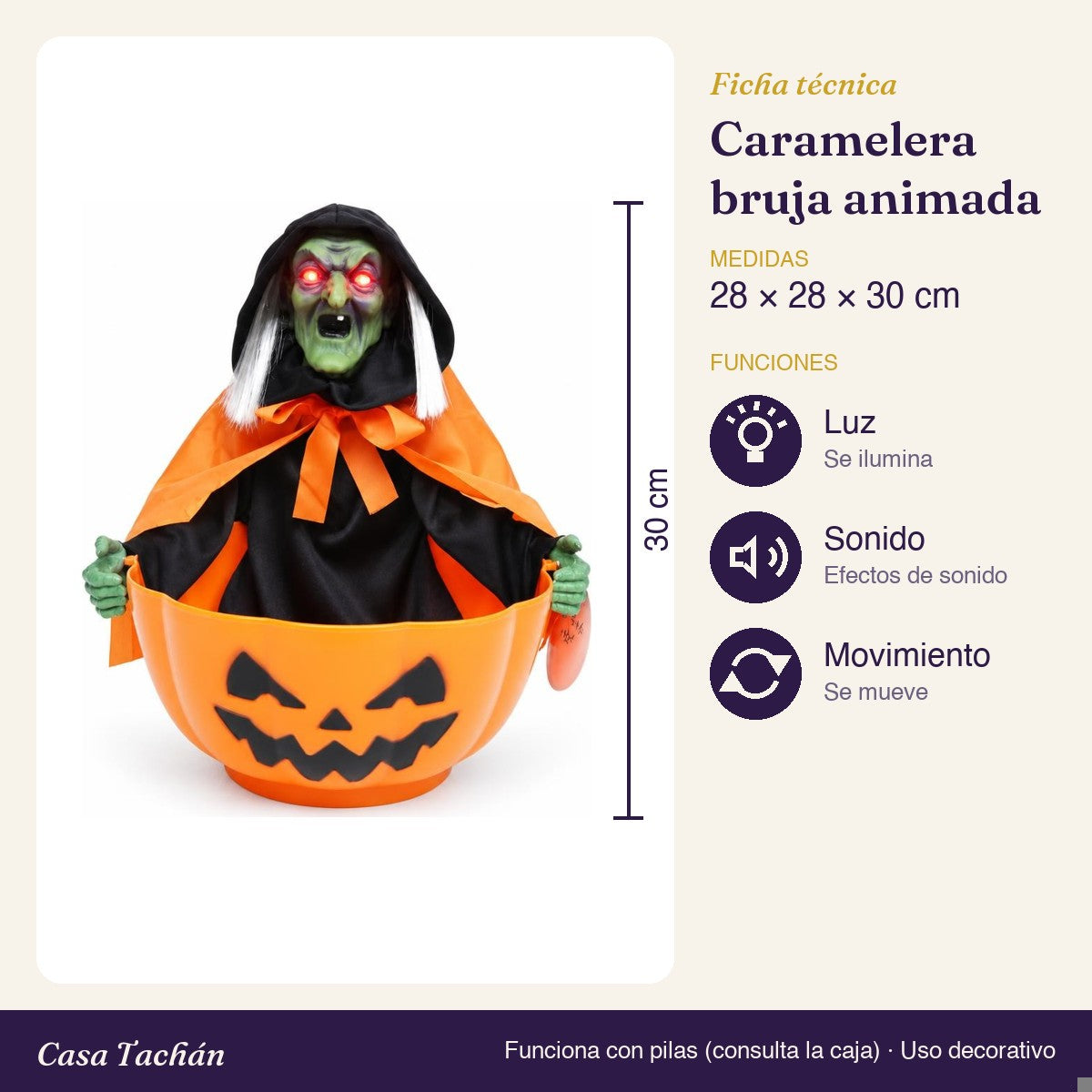 Ficha técnica: Caramelera bruja animada con luz y sonido