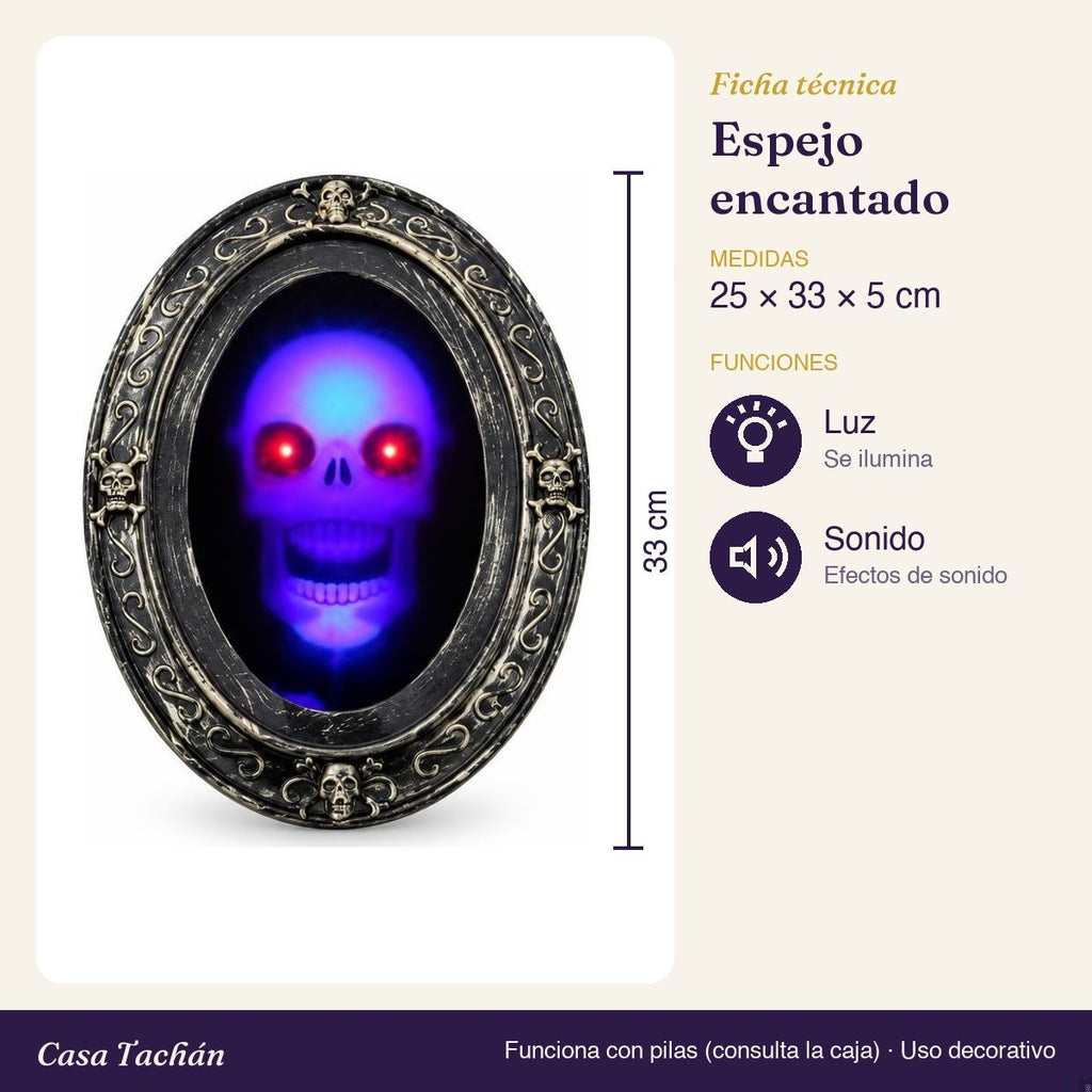 Ficha técnica: Espejo encantado con calavera, luz y sonido