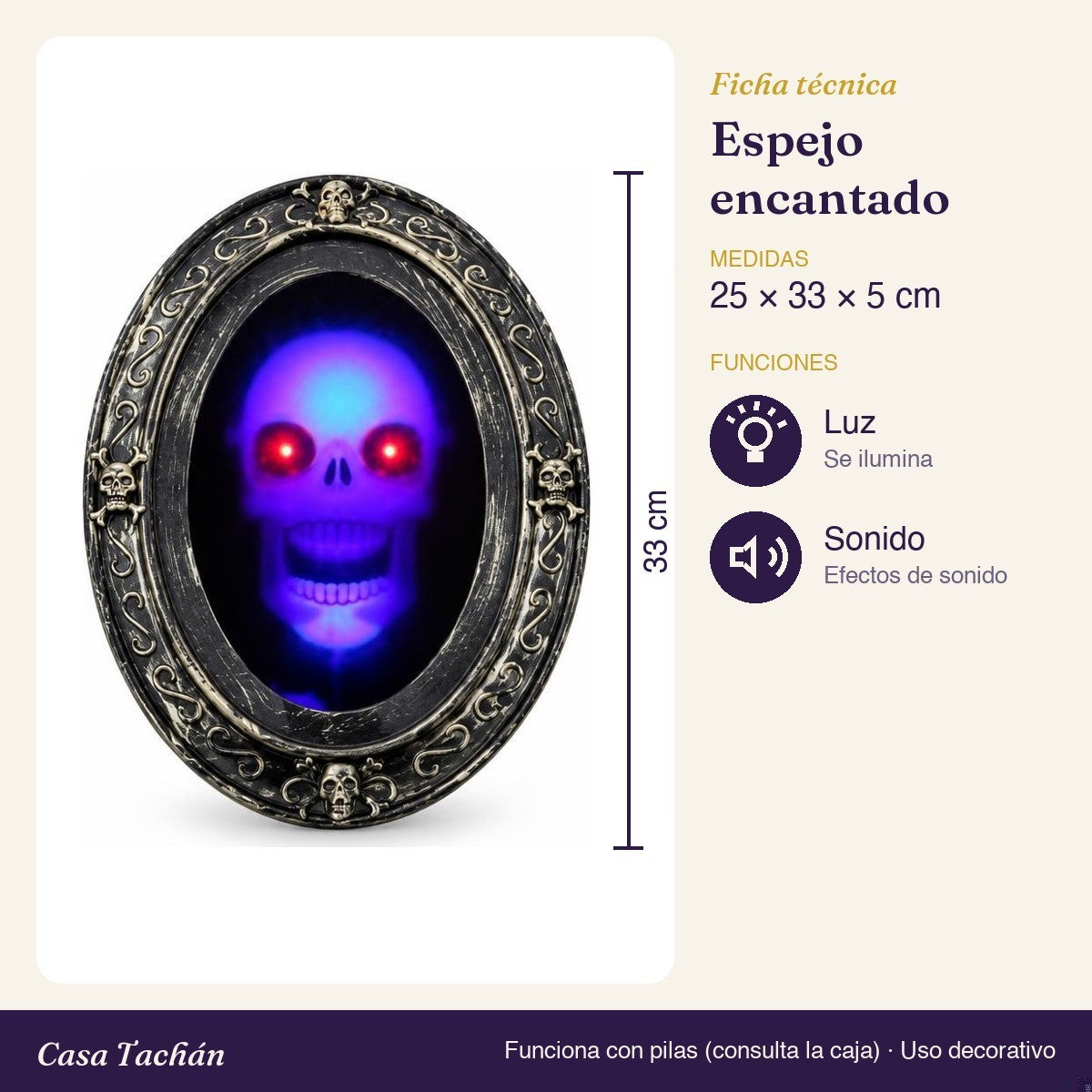 Ficha técnica: Espejo encantado con calavera, luz y sonido