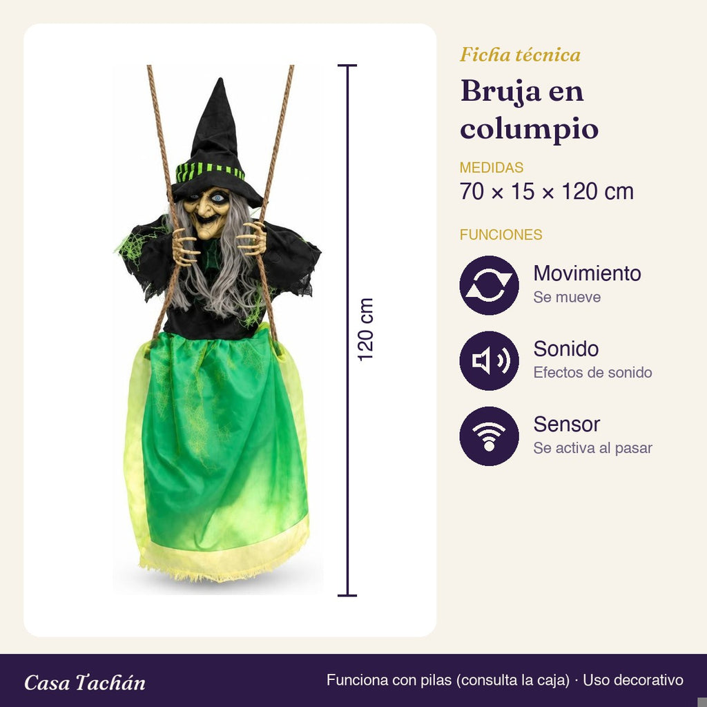 Ficha técnica: Bruja en columpio animada con sonido y sensor (120 cm)