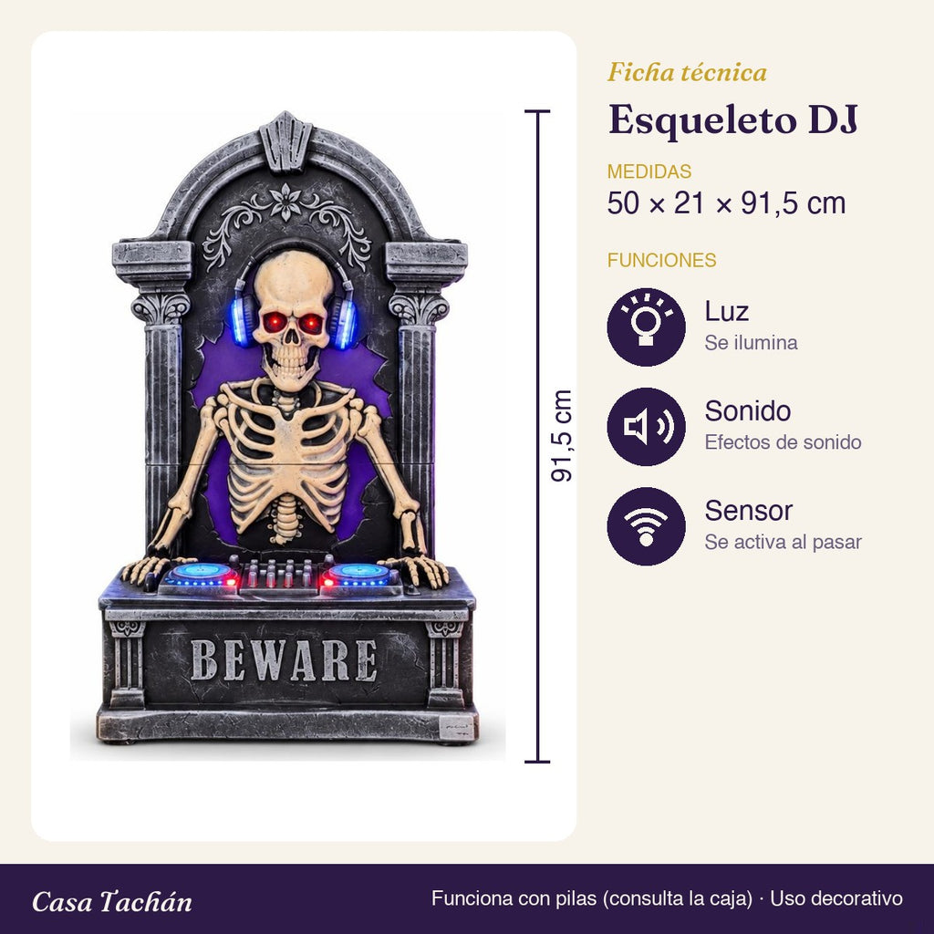 Ficha técnica: Esqueleto DJ con luz, sonido y sensor (91 cm)