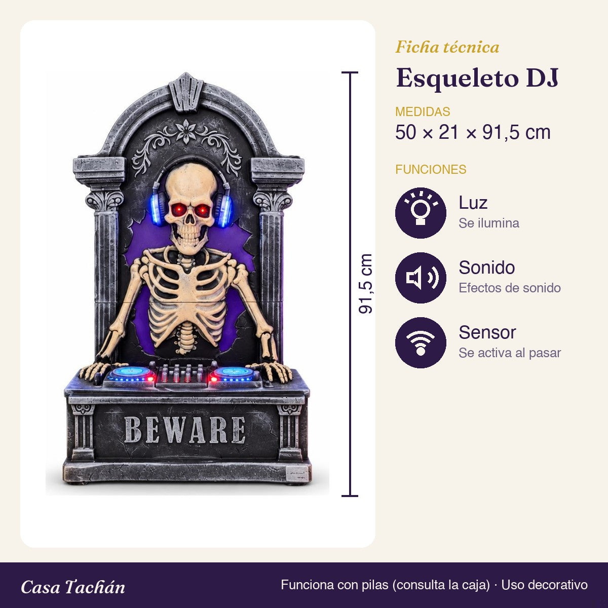 Ficha técnica: Esqueleto DJ con luz, sonido y sensor (91 cm)