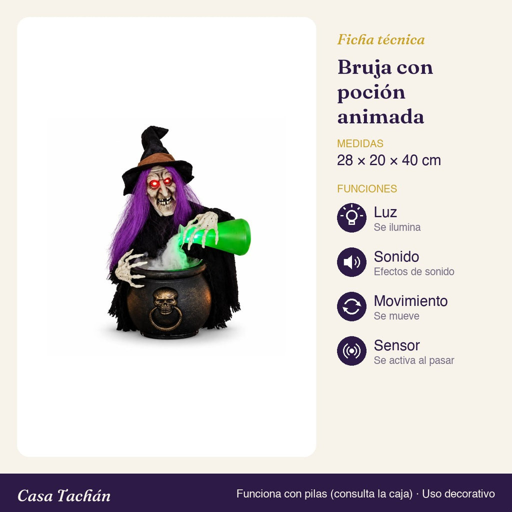 Ficha técnica: Bruja con poción animada con luz, sonido y sensor (40 cm)