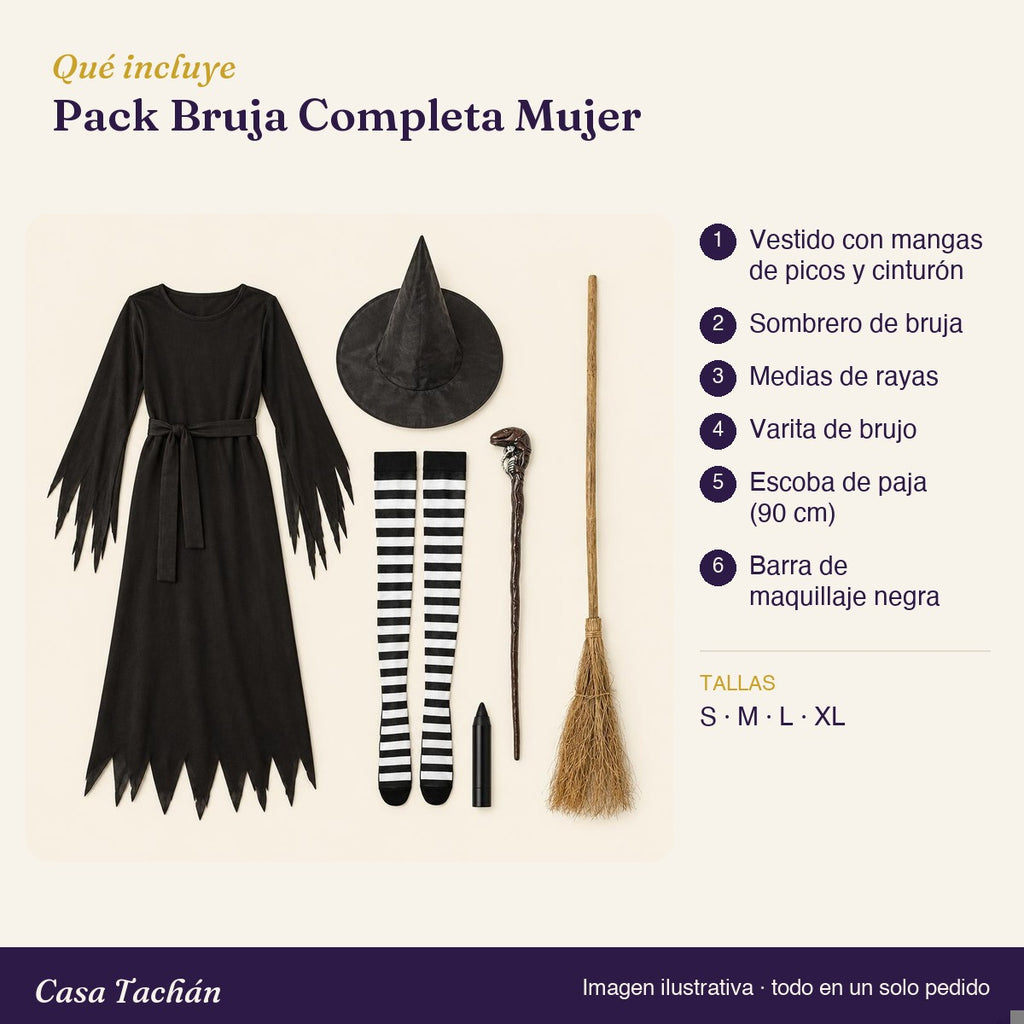 Qué incluye el Pack Bruja Completa Mujer: lista de productos y tallas
