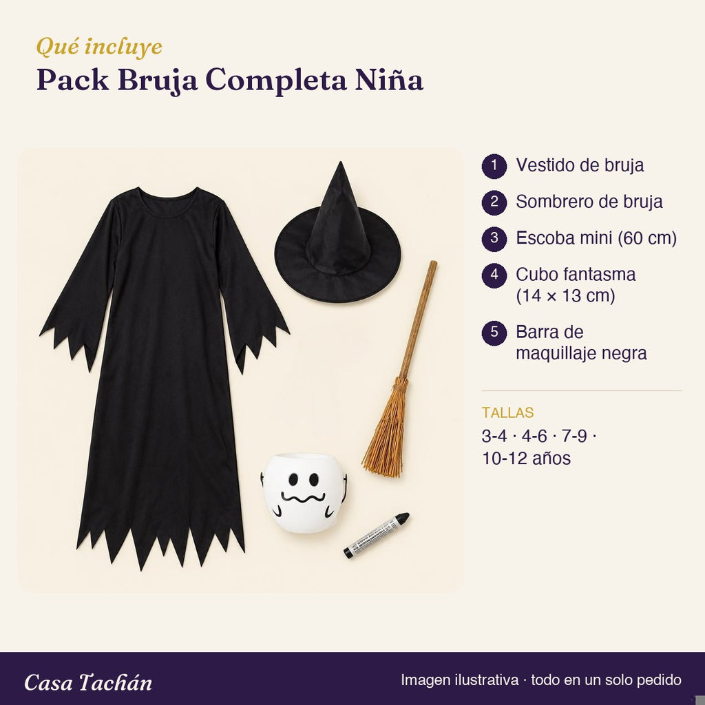 Qué incluye el Pack Bruja Completa Niña: lista de productos y tallas