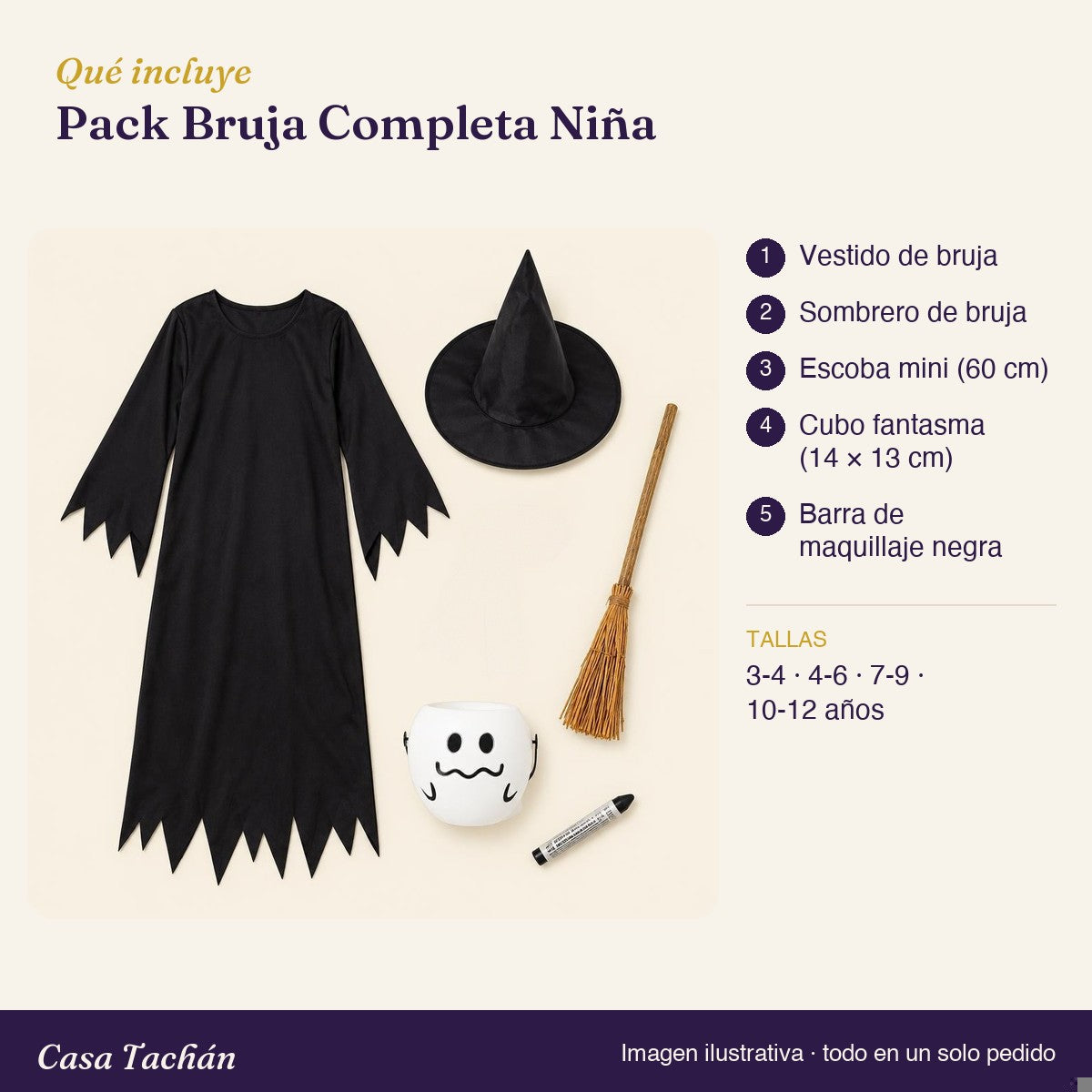 Qué incluye el Pack Bruja Completa Niña: lista de productos y tallas