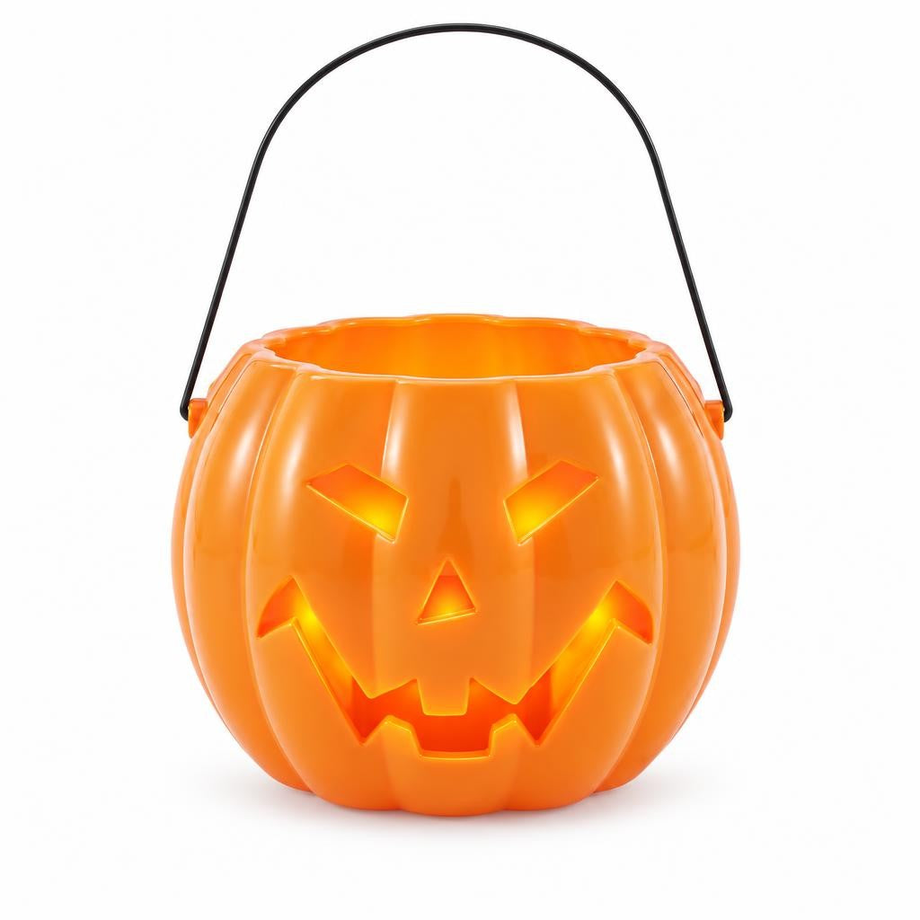 Cubo calabaza con luz y sonido sobre fondo blanco