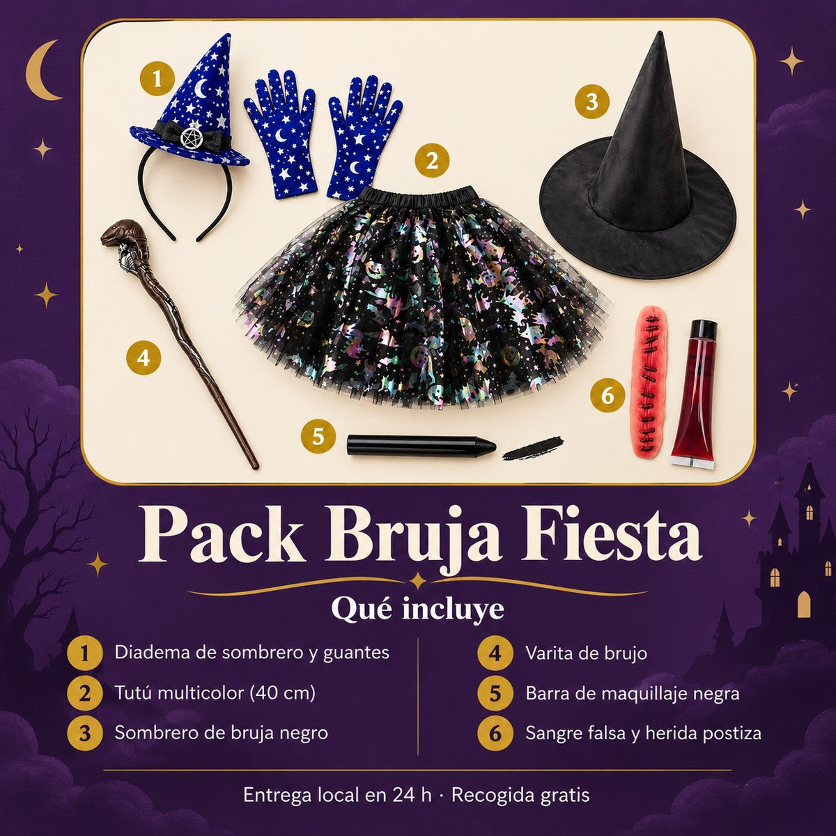 Qué incluye el Pack Bruja Fiesta: seis productos numerados