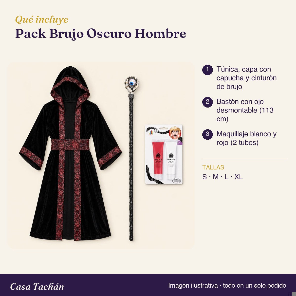 Qué incluye el Pack Brujo Oscuro Hombre: lista de productos y tallas