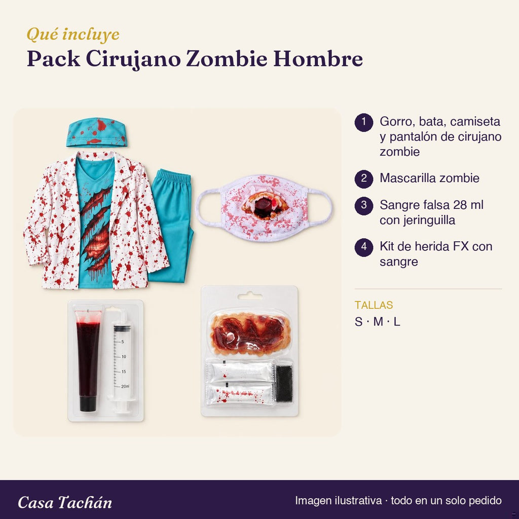 Qué incluye el Pack Cirujano Zombie Hombre: lista de productos y tallas