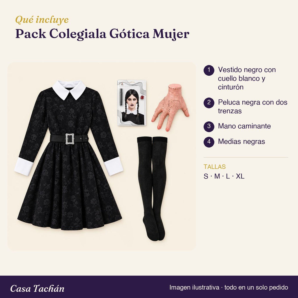 Qué incluye el Pack Colegiala Gótica Mujer: lista de productos y tallas