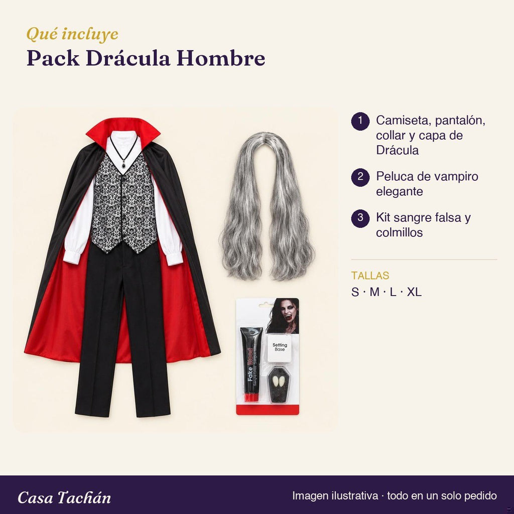 Qué incluye el Pack Drácula Hombre: lista de productos y tallas