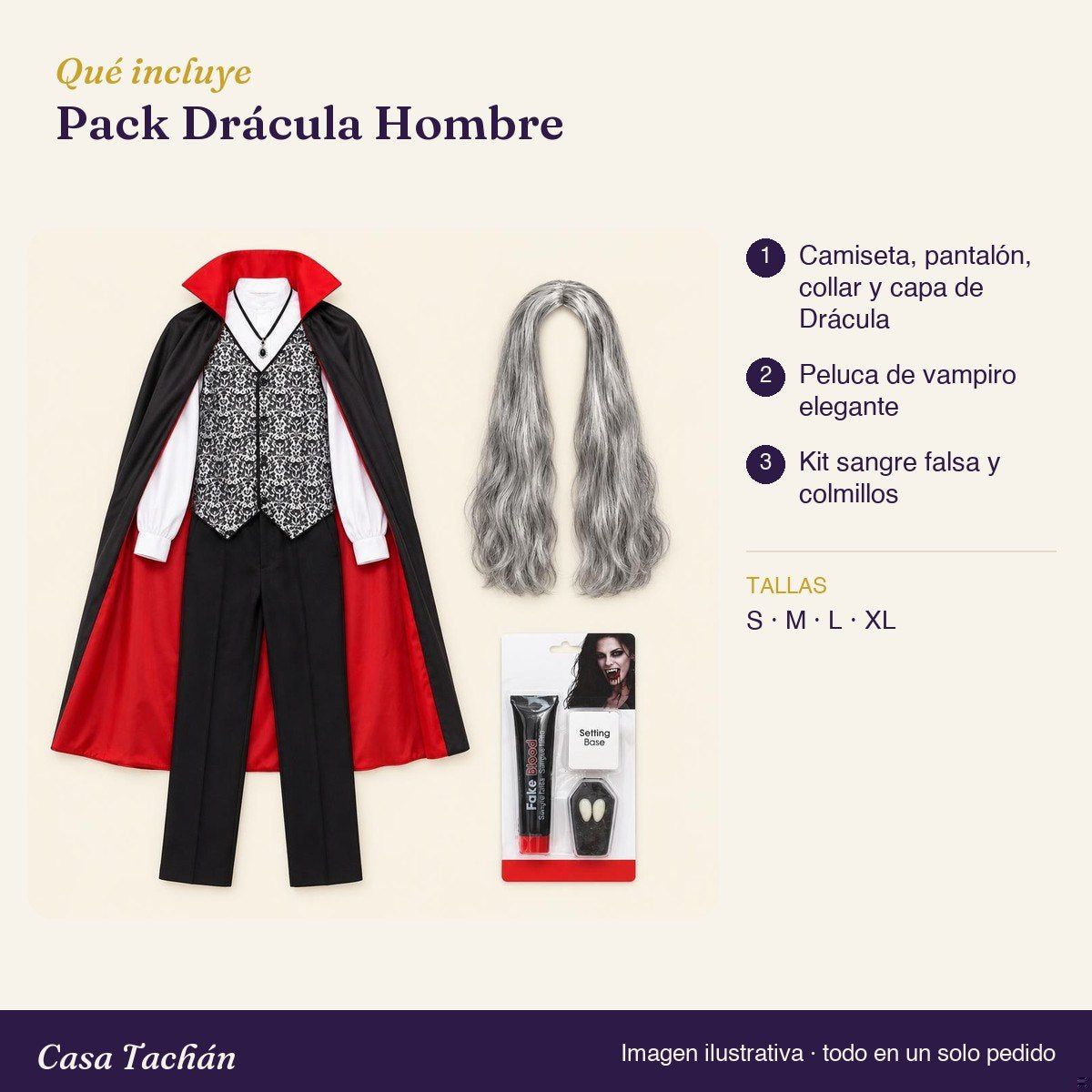 Qué incluye el Pack Drácula Hombre: lista de productos y tallas