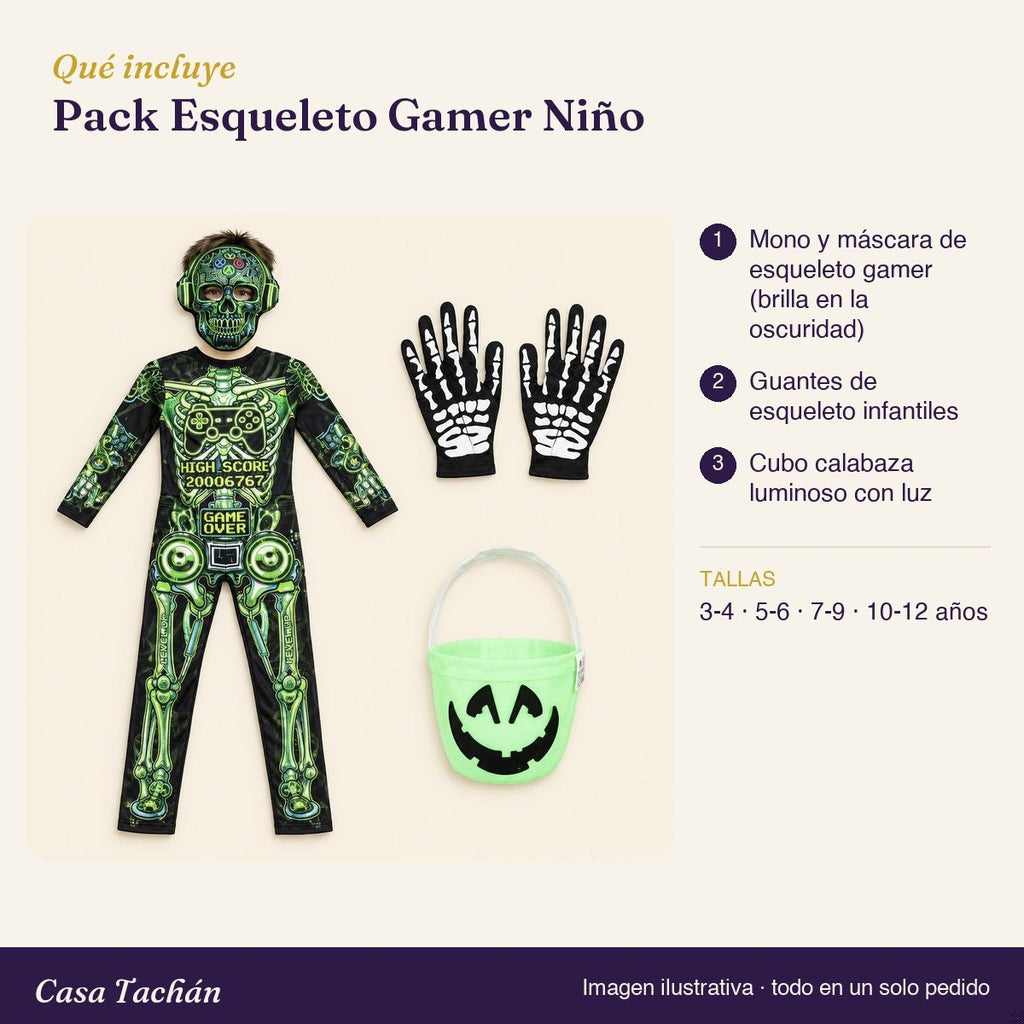 Qué incluye el Pack Esqueleto Gamer Niño: lista de productos y tallas