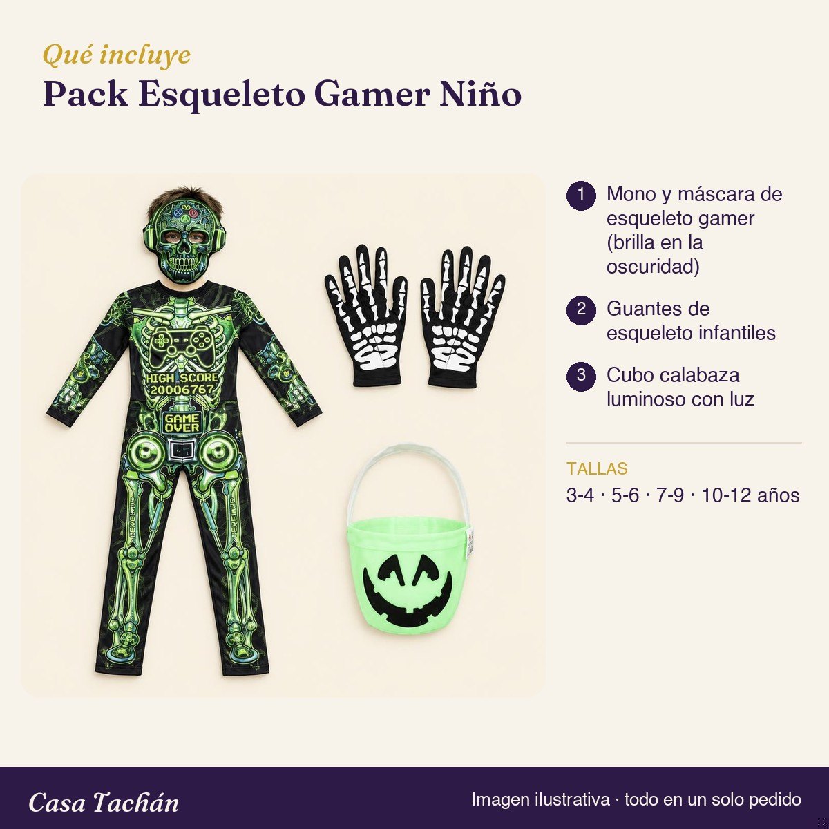 Qué incluye el Pack Esqueleto Gamer Niño: lista de productos y tallas