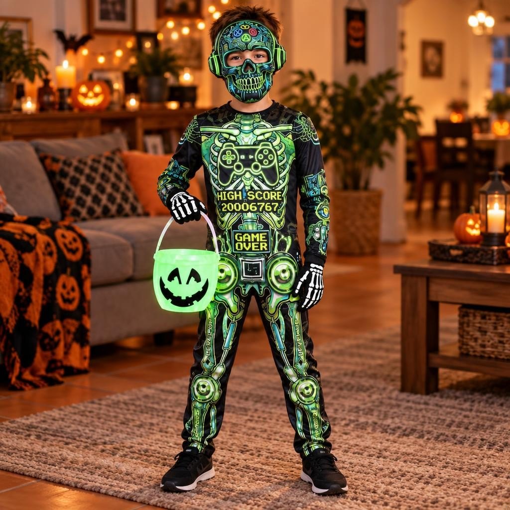 Pack Esqueleto Gamer Niño: foto ilustrativa con el disfraz puesto