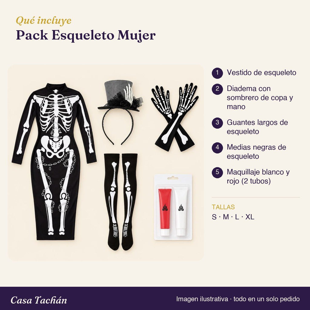 Qué incluye el Pack Esqueleto Mujer: lista de productos y tallas