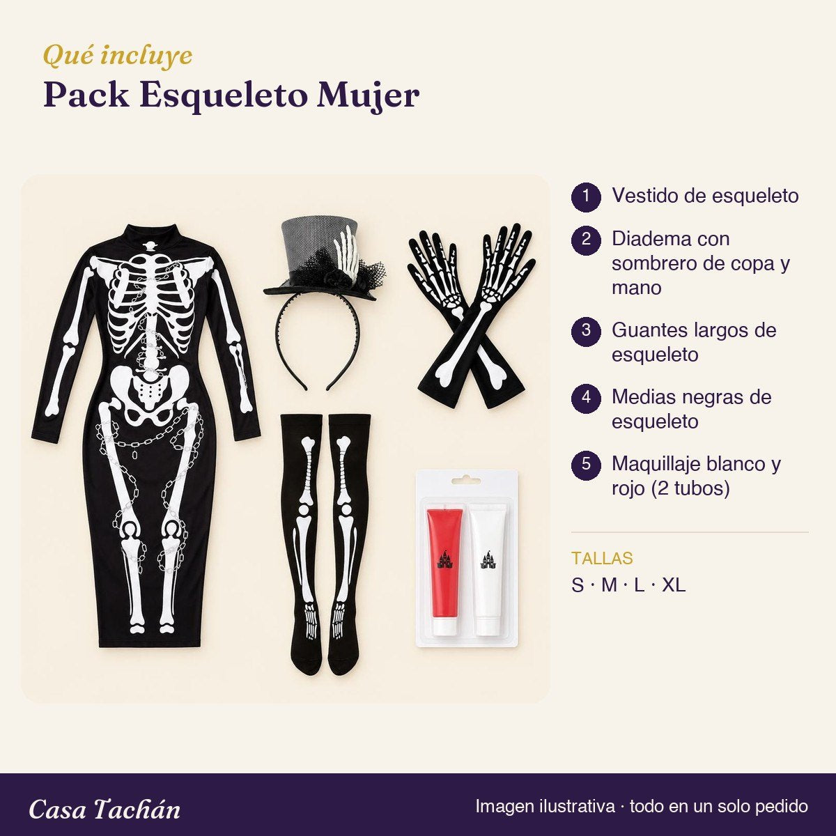Qué incluye el Pack Esqueleto Mujer: lista de productos y tallas