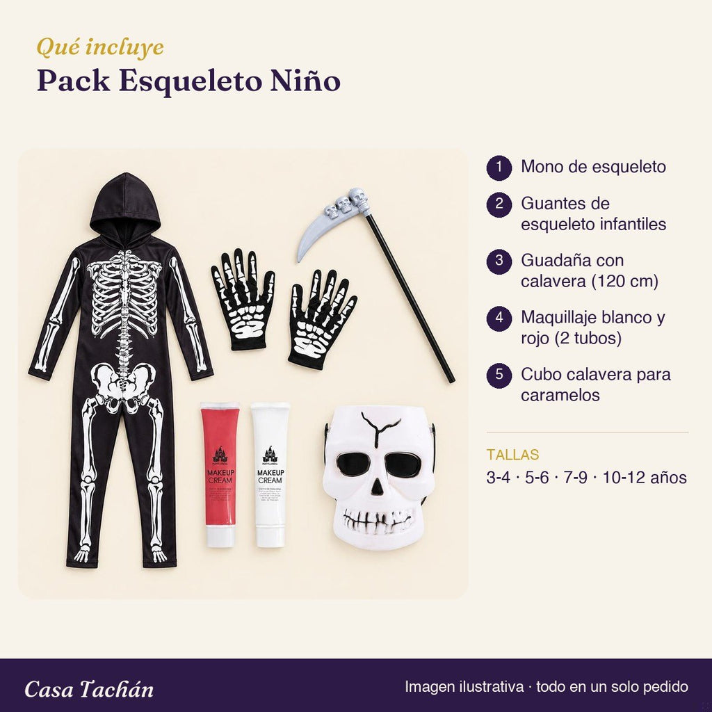 Qué incluye el Pack Esqueleto Niño: lista de productos y tallas
