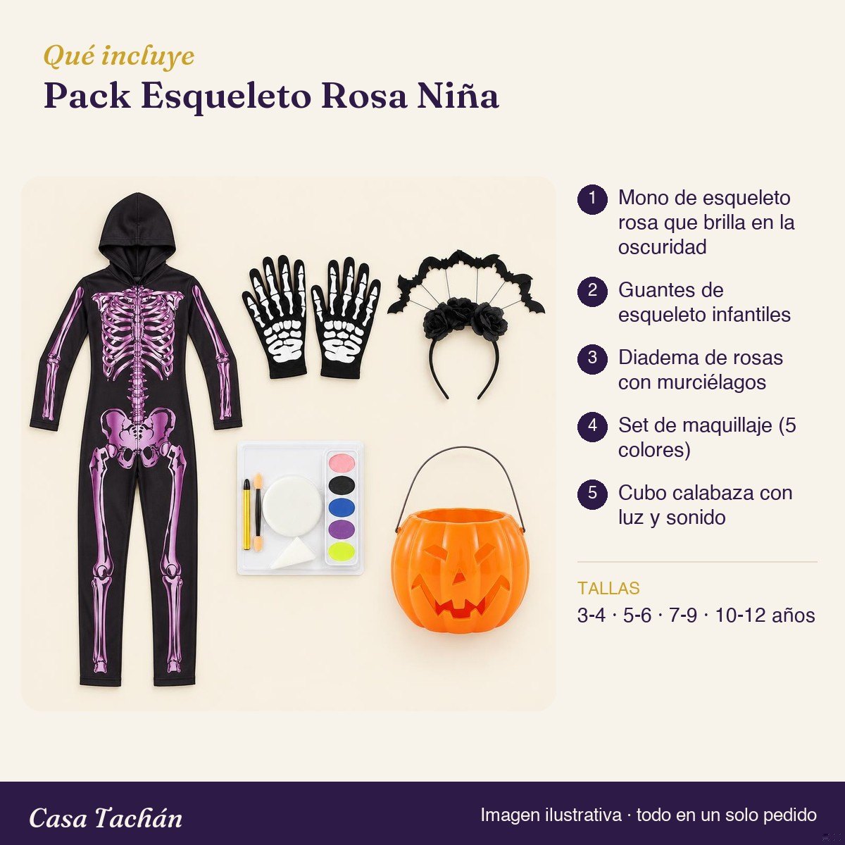 Qué incluye el Pack Esqueleto Rosa Niña: lista de productos y tallas