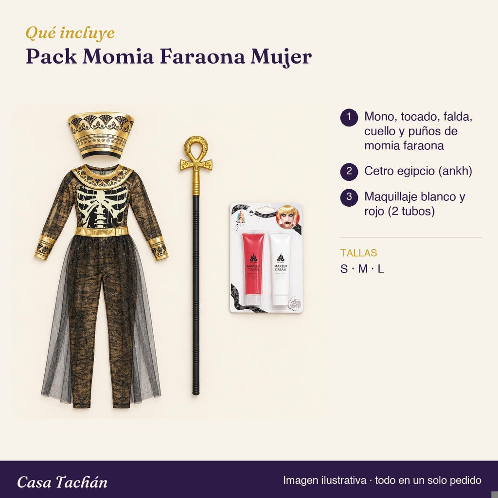 Qué incluye el Pack Momia Faraona Mujer: lista de productos y tallas