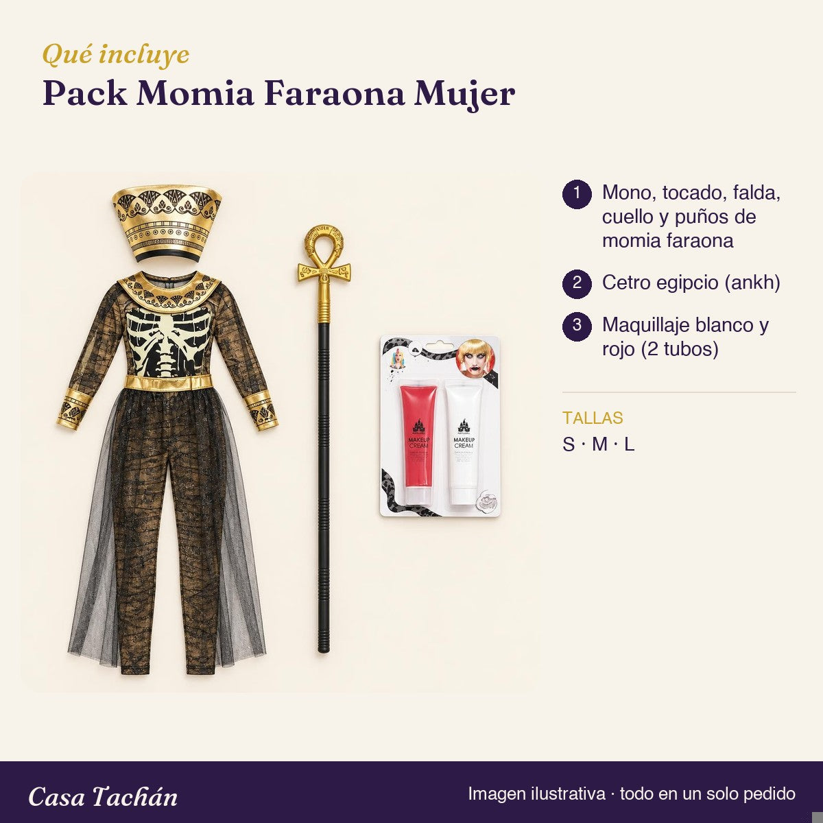 Qué incluye el Pack Momia Faraona Mujer: lista de productos y tallas