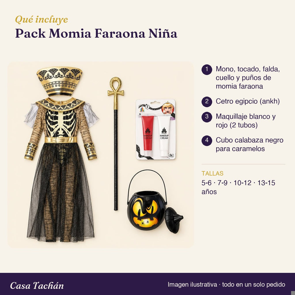Qué incluye el Pack Momia Faraona Niña: lista de productos y tallas