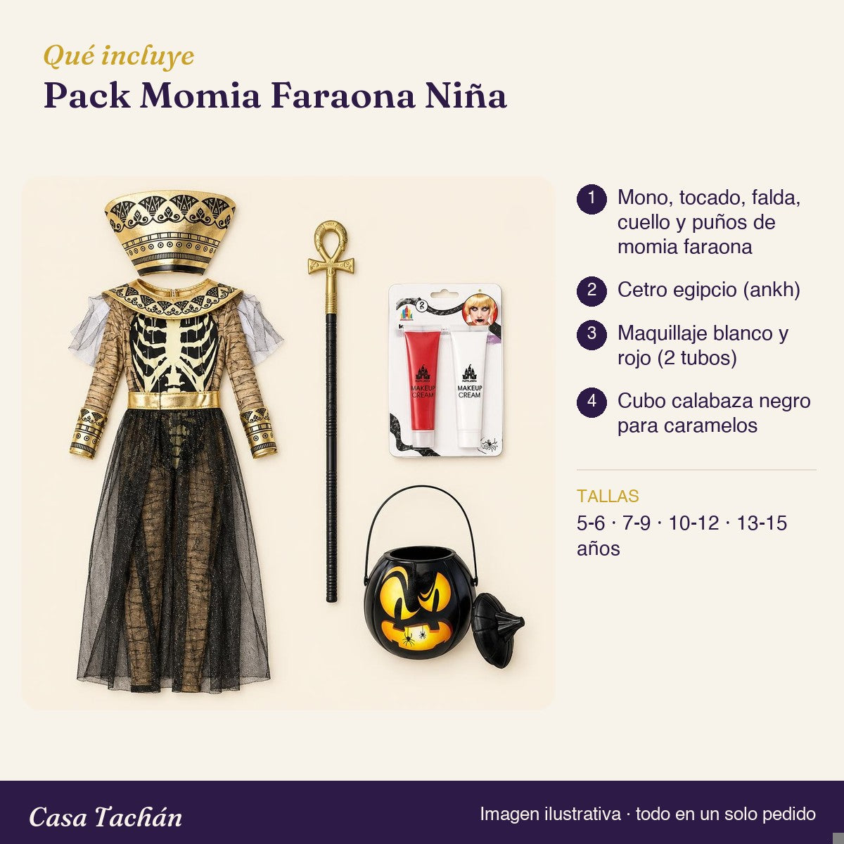Qué incluye el Pack Momia Faraona Niña: lista de productos y tallas