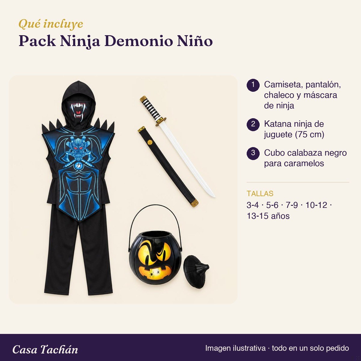 Qué incluye el Pack Ninja Demonio Niño: lista de productos y tallas
