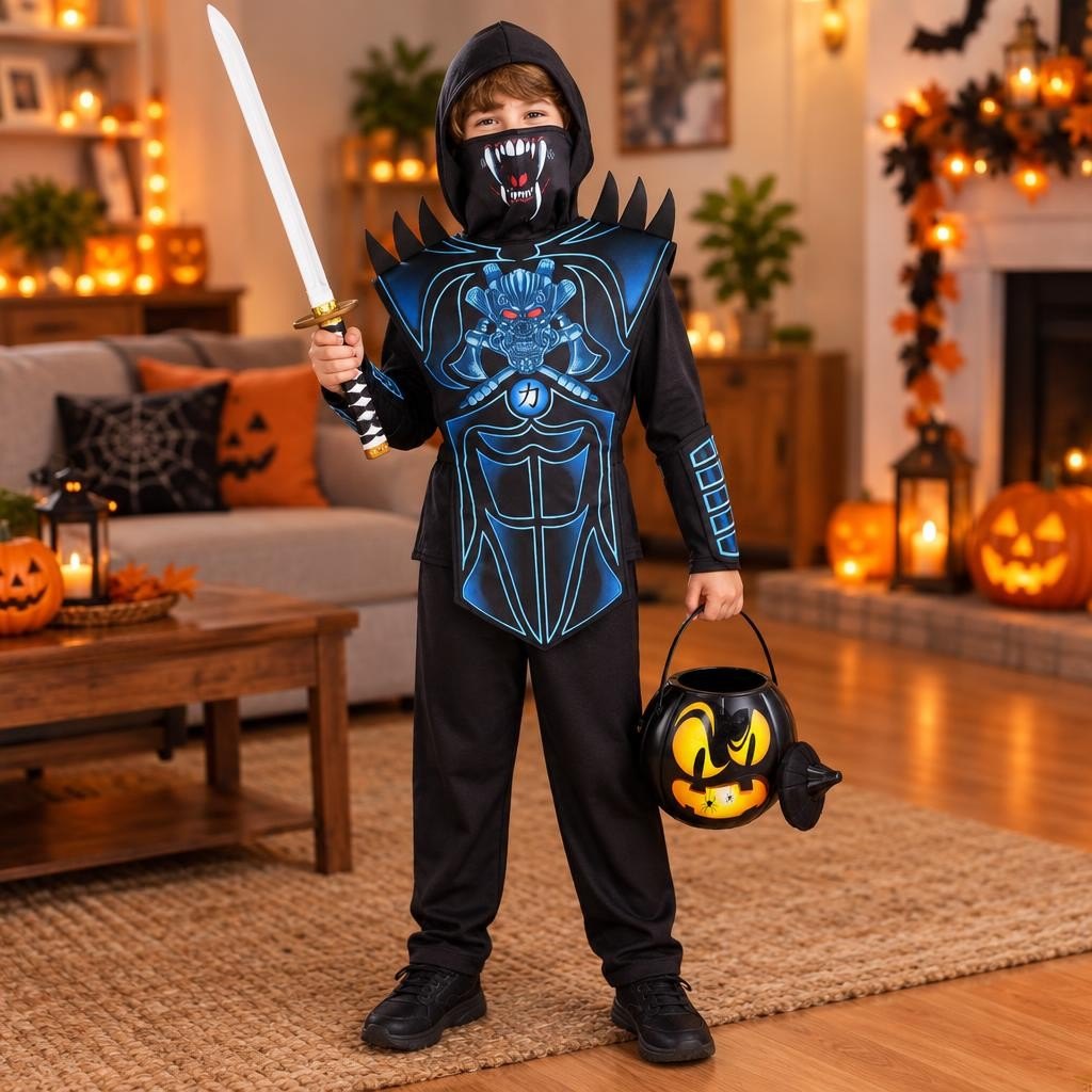 Pack Ninja Demonio Niño: foto ilustrativa con el disfraz puesto