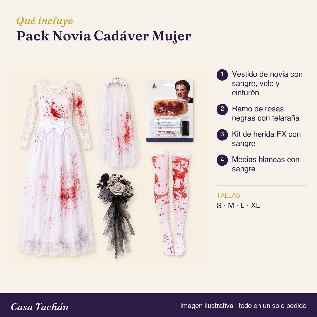 Qué incluye el Pack Novia Cadáver Mujer: lista de productos y tallas