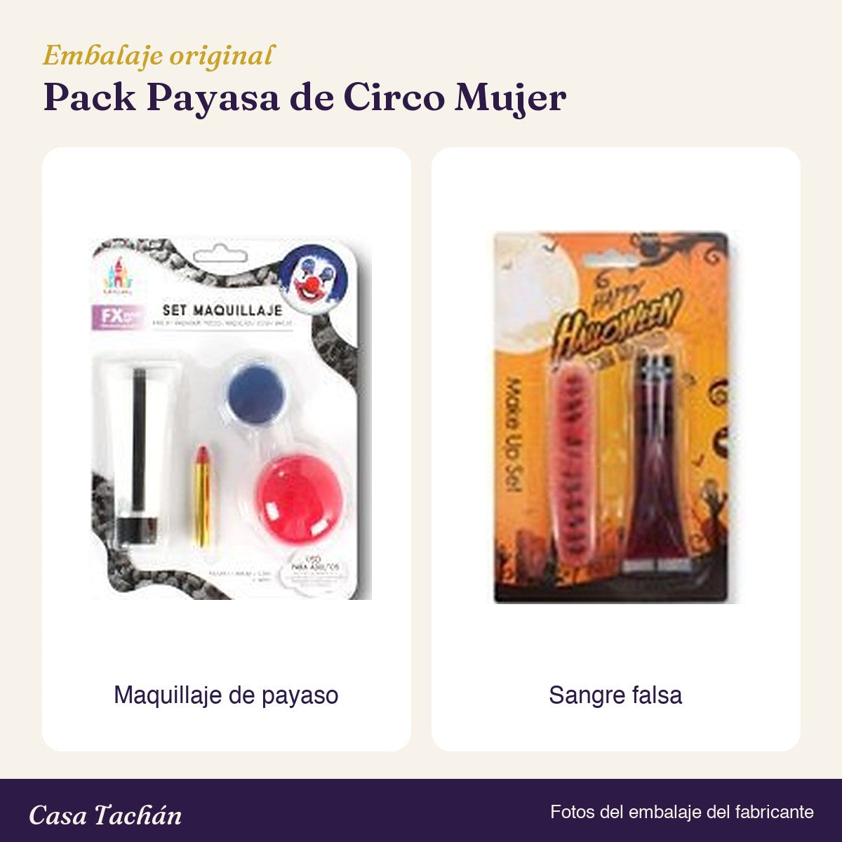 Embalaje original de los accesorios del Pack Payasa de Circo Mujer