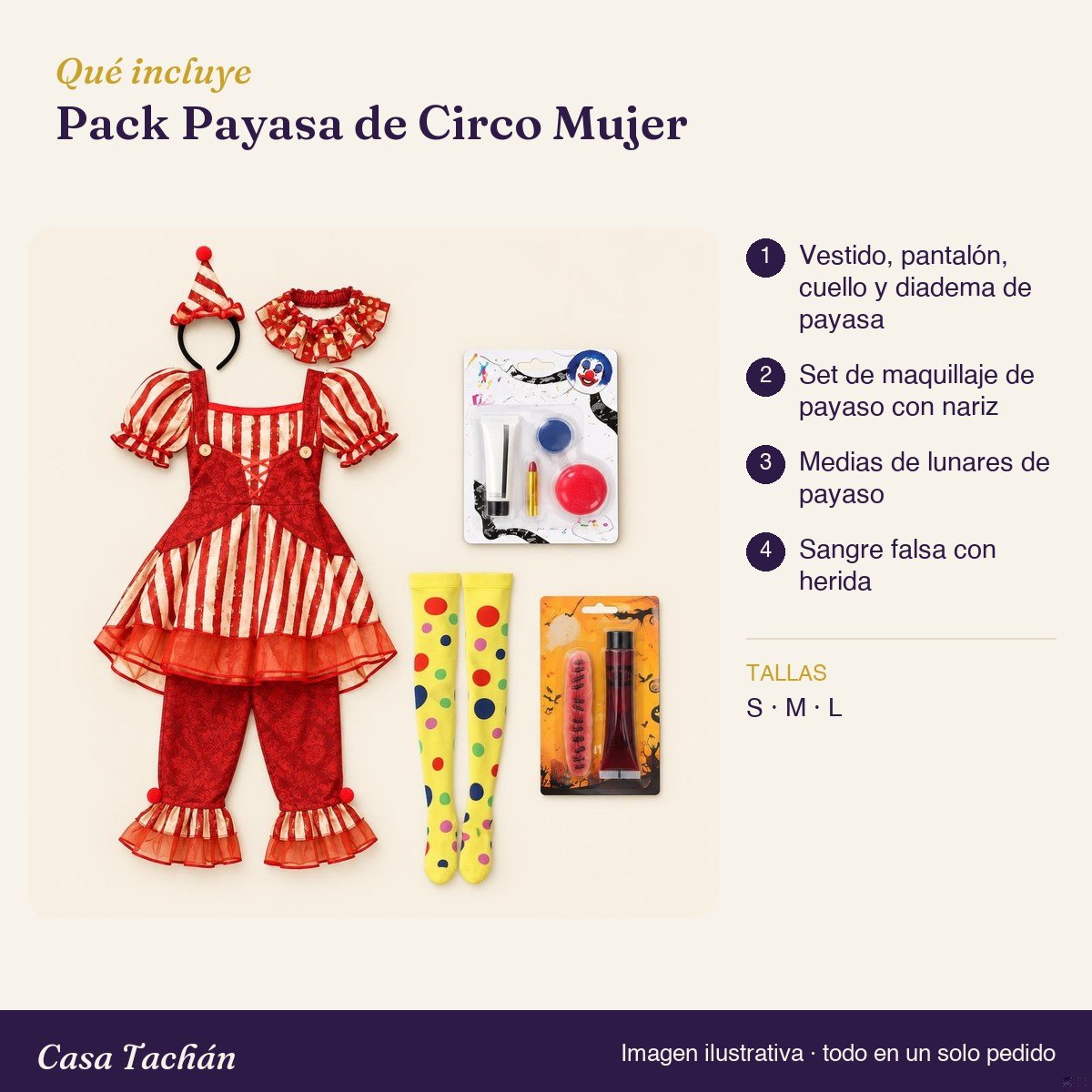 Qué incluye el Pack Payasa de Circo Mujer: lista de productos y tallas