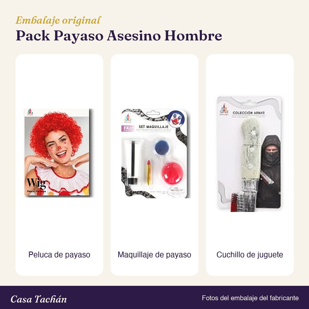 Embalaje original de los accesorios del Pack Payaso Asesino Hombre