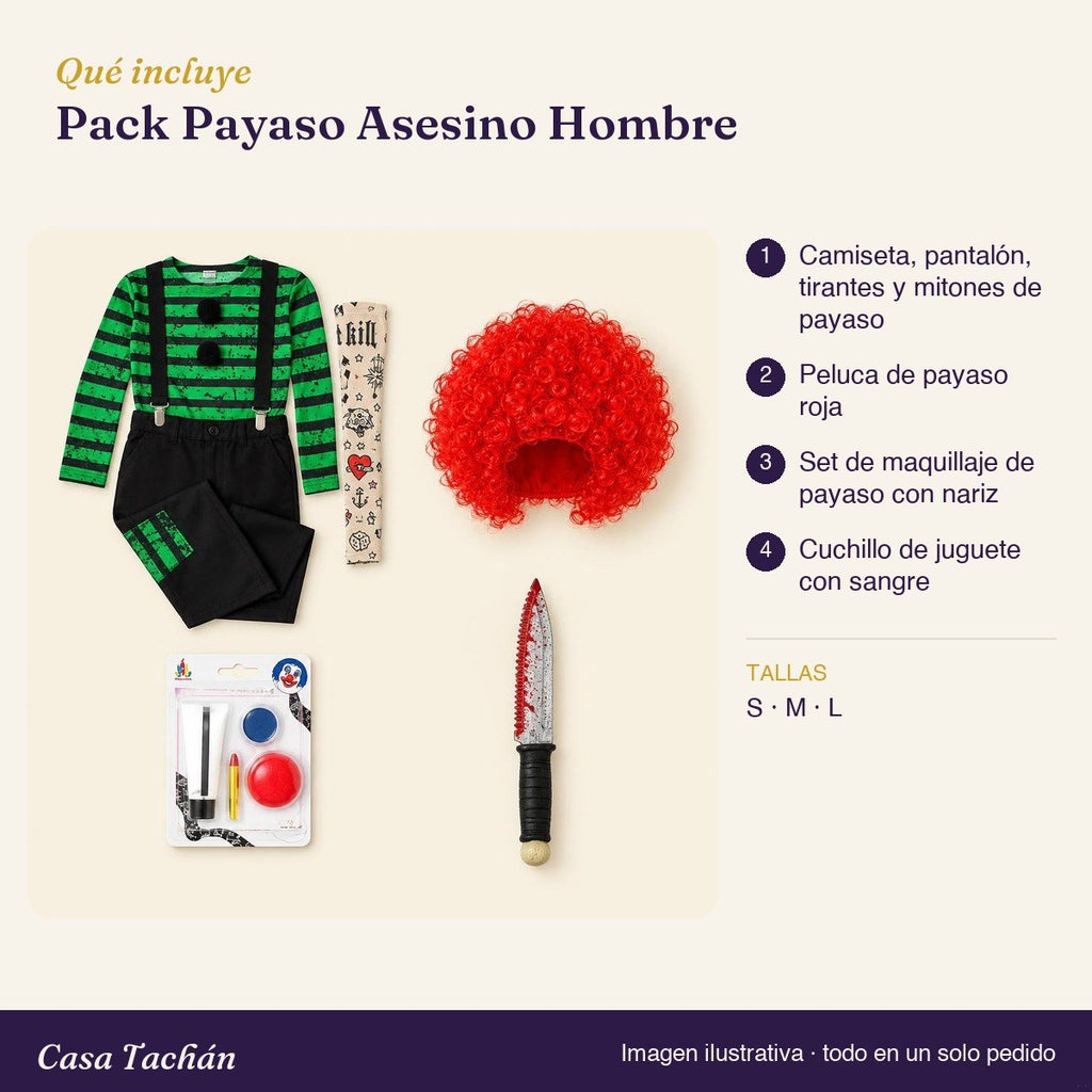Qué incluye el Pack Payaso Asesino Hombre: lista de productos y tallas