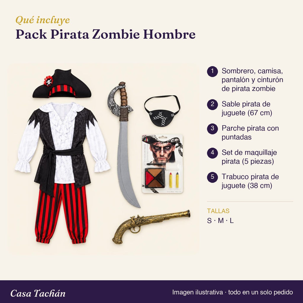 Qué incluye el Pack Pirata Zombie Hombre: lista de productos y tallas